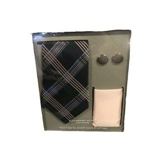 Alexander Julian Colours Hand Made Tie Pocket Square Cuff Links New in Box Navy